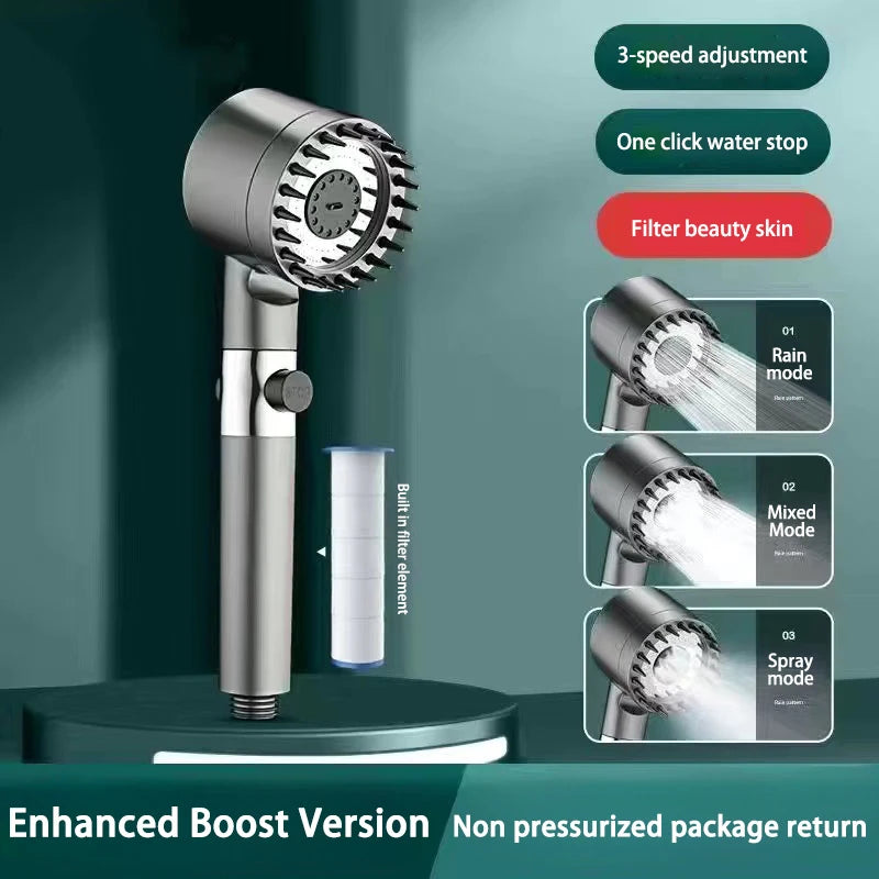 3 Mode High Pressure Shower Head Adjustable ShowerHead Filter With Massage Brush One-Key Stop Shower Bathroom Accessories