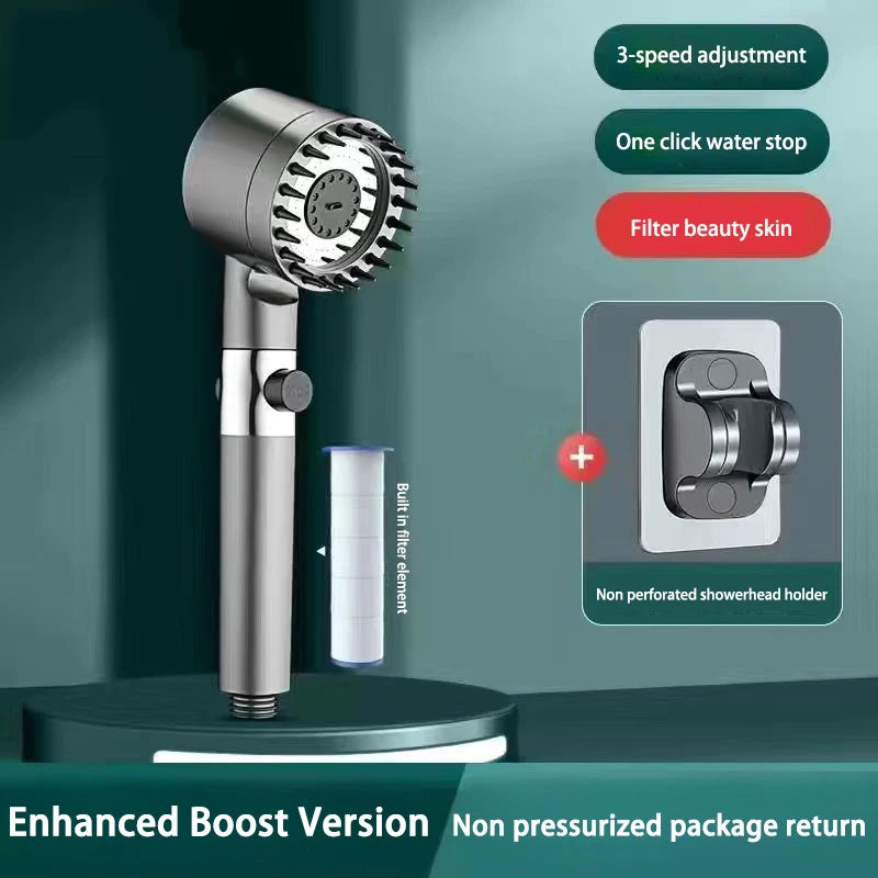 3 Mode High Pressure Shower Head Adjustable ShowerHead Filter With Massage Brush One-Key Stop Shower Bathroom Accessories